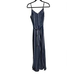 Monteau Blue and White Vertical Striped Waist Tie Jumpsuit Size Medium